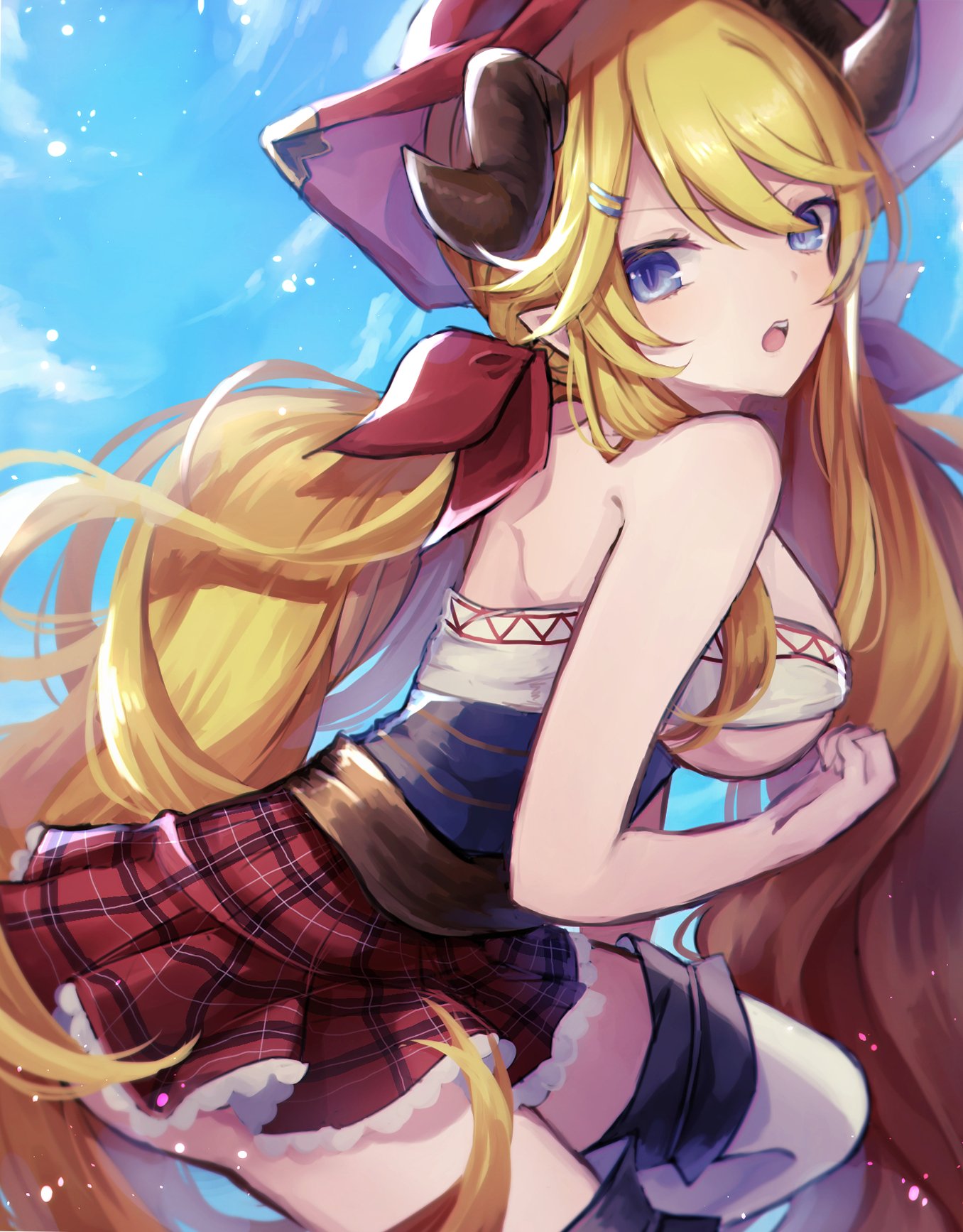 .com_(cu_105) 1girl blonde_hair blue_eyes blue_sky breasts clouds doraf granblue_fantasy hair_ornament hair_ribbon hairclip hallessena highres horns large_breasts light_particles long_hair miniskirt open_mouth plaid plaid_skirt red_ribbon red_skirt ribbon skirt sky solo strapless thigh-highs tubetop under_boob very_long_hair white_legwear