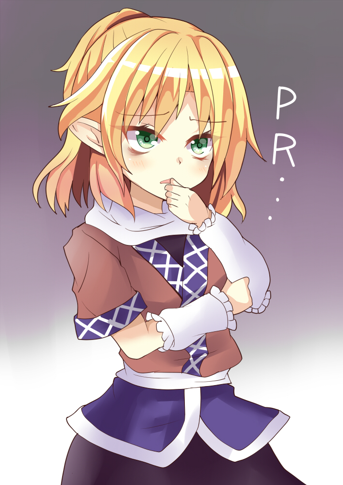 1girl aki_chimaki arm_warmers blonde_hair dress finger_to_mouth green_eyes mizuhashi_parsee open_mouth pointy_ears scarf short_hair short_sleeves solo touhou
