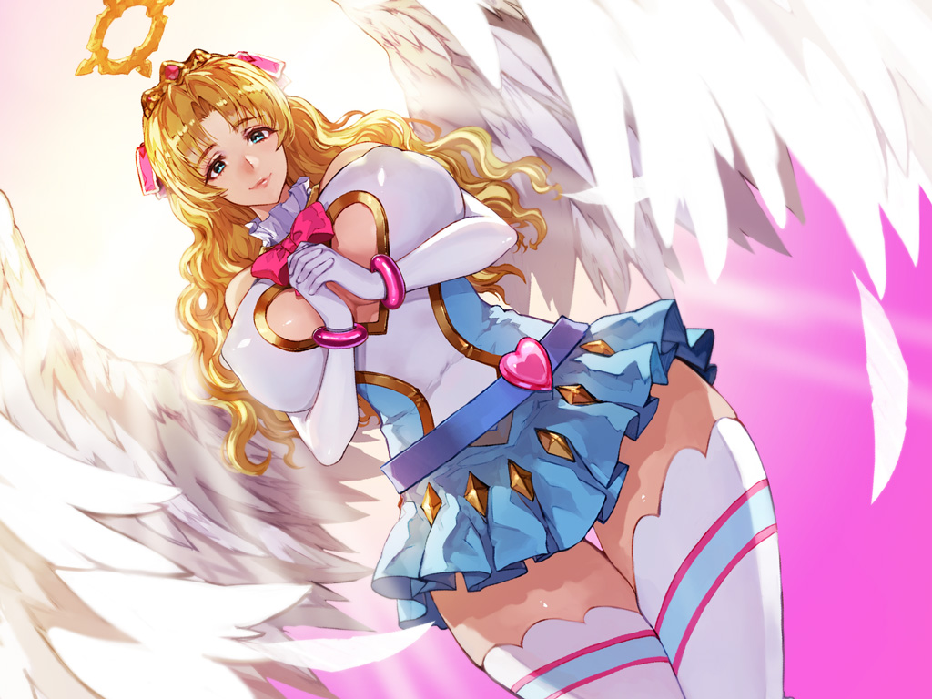 1girl angel angel_wings bangs bare_shoulders blonde_hair blue_eyes blush bow bowtie breasts cleavage cleavage_cutout crown dutch_angle elbow_gloves feathered_wings feathers game_cg gloves hair_ribbon halo hand_holding hands_together heart heart_cutout large_breasts long_hair looking_at_viewer miniskirt nbo parted_bangs pleated_skirt ribbon skirt smile solo thigh-highs white_gloves white_wings wings