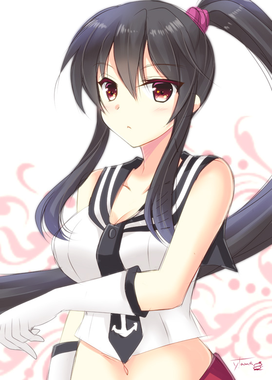 1girl :&lt; anchor_symbol bare_shoulders black_hair breasts collarbone commentary_request eyebrows eyebrows_visible_through_hair frown gloves hair_between_eyes kantai_collection large_breasts long_hair looking_at_viewer midriff navel neckerchief ponytail red_eyes school_uniform scrunchie serafuku signature solo tamagawa_yukimaru white_gloves yahagi_(kantai_collection)