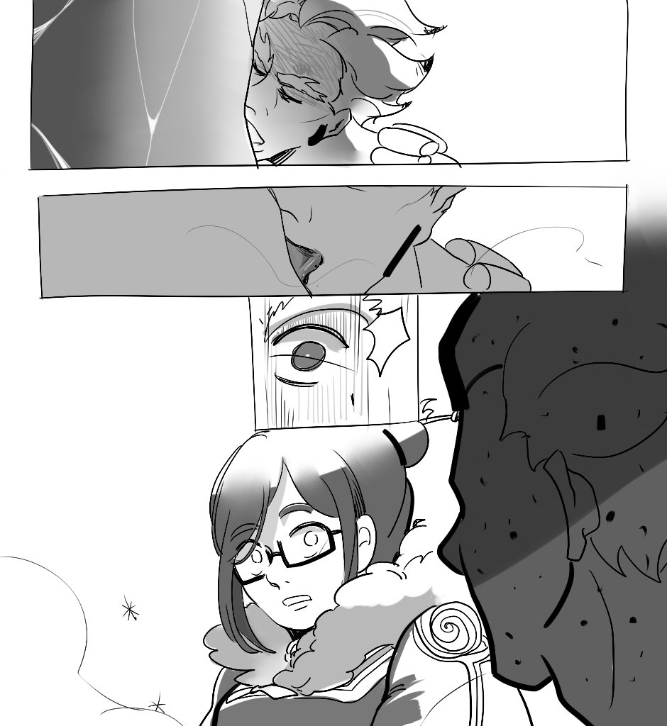 1boy 1girl closed_eyes coat comic eyebrows glasses hair_bun junkrat_(overwatch) kiss looking_at_another mei_(overwatch) monochrome mundal overwatch silent_comic sweat thick_eyebrows tongue tongue_out winter_clothes winter_coat
