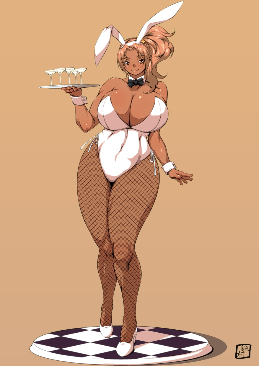 1girl bare_shoulders blonde_hair breasts brown_hair bunny_girl bunnysuit cleavage curvy dark_skin donson female fishnet_pantyhose fishnet_stockings full_body hair_ornament high_heels highres huge_breasts kogal legs long_hair looking_at_viewer open_mouth orange_eyes original pantyhose plump rabbit_ears shoes side_ponytail simple_background smile solo standing tan thick_thighs waitress wide_hips