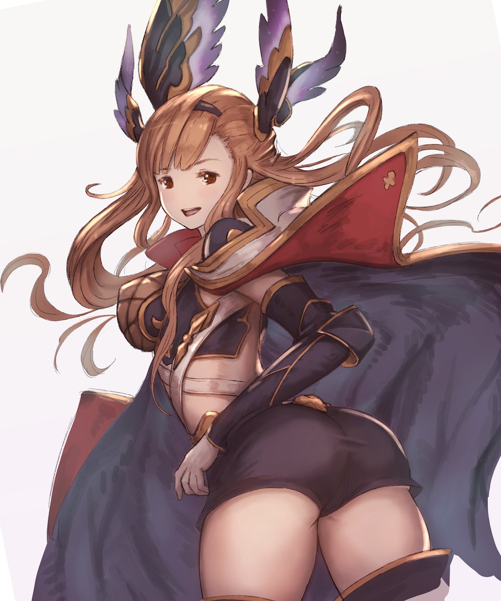 1girl :d ass breasts brown_eyes cape coppelia_(futamine) detached_sleeves erect_nipples from_behind gloves granblue_fantasy granblue_fantasy_(style) hairband head_wings highres large_breasts light_brown_hair long_hair long_sleeves looking_back official_style open_mouth shorts simple_background smile solo song_(granblue_fantasy) thigh-highs white_background white_gloves
