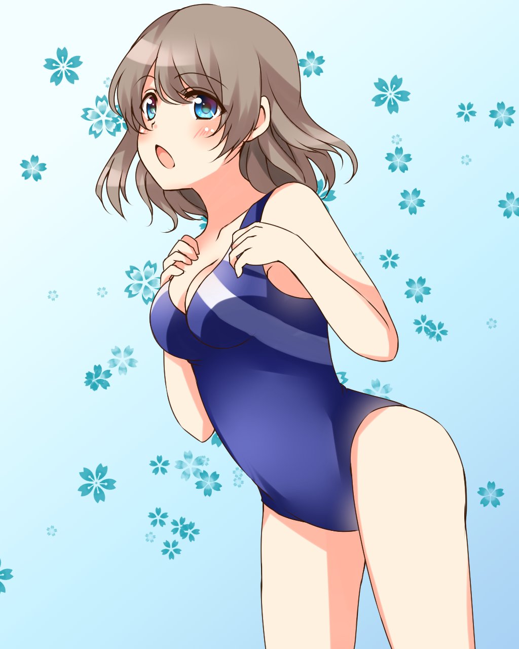 1girl blue_eyes breasts brown_hair cleavage competition_swimsuit fujisaki_kyouya hands_on_own_chest highres love_live! love_live!_sunshine!! one-piece_swimsuit short_hair solo standing swimsuit watanabe_you