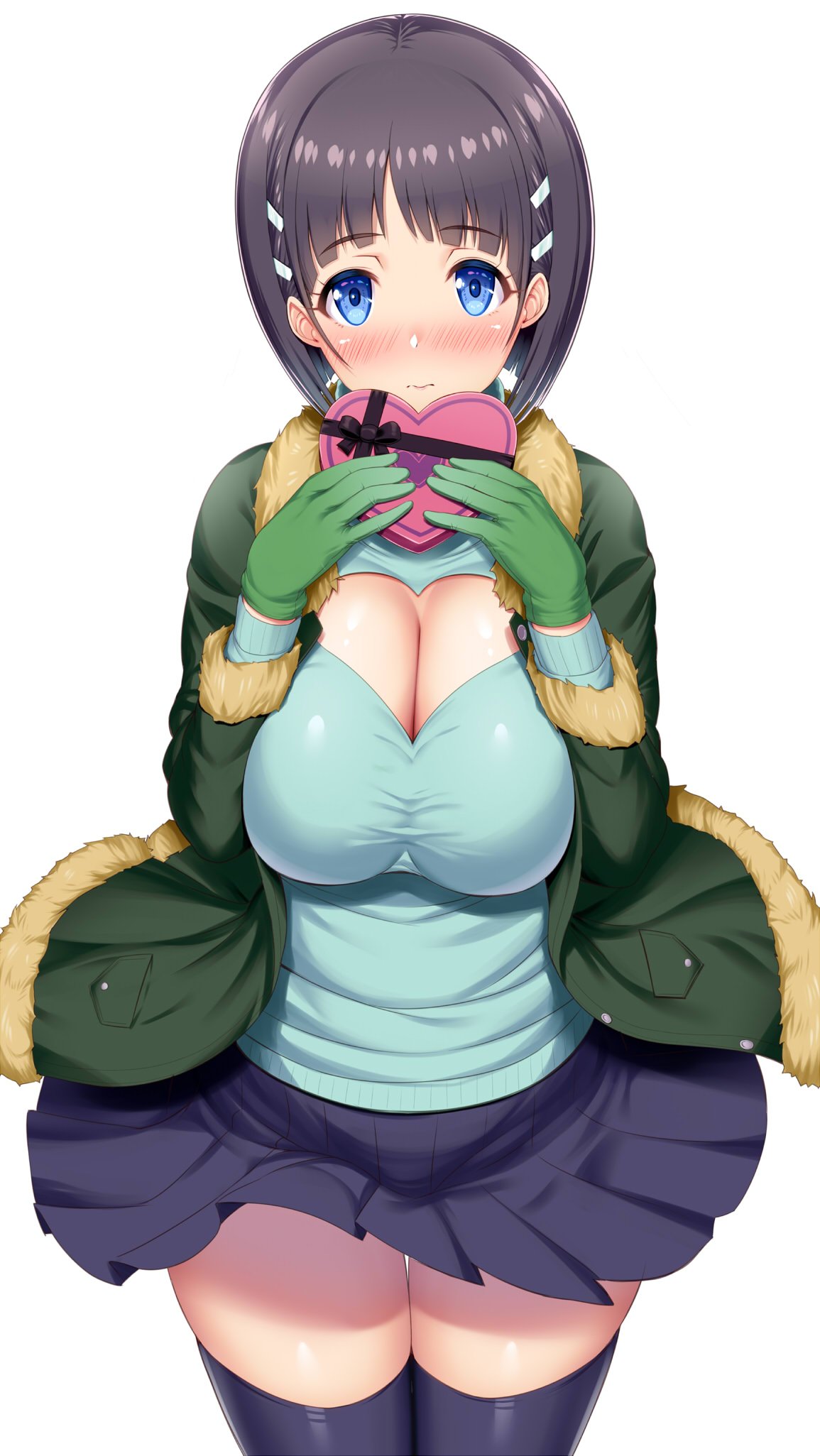 1girl black_hair blue_eyes blue_shirt blush box breasts cleavage_cutout eyebrows_visible_through_hair fur_trim gift gift_box green_jacket hair_ornament heart-shaped_box heart_cutout highres holding holding_gift jacket kawase_seiki kirigaya_suguha large_breasts long_sleeves pleated_skirt shirt short_hair simple_background skirt solo sword_art_online thigh-highs valentine white_background