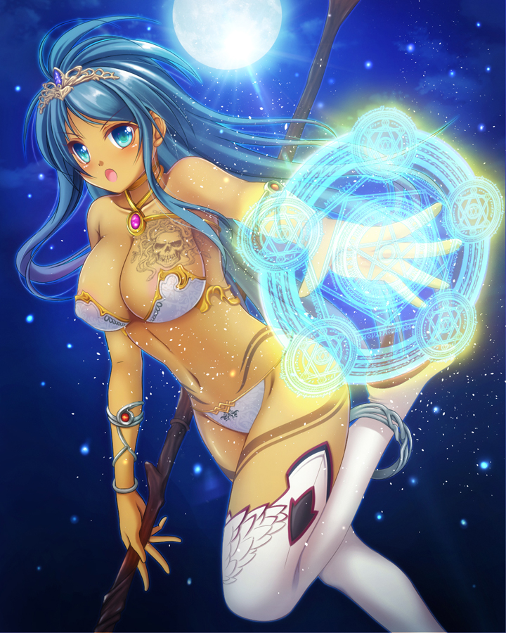1girl :o anklet aocchi armlet bandeau bangs bare_shoulders bikini blue_eyes blue_hair blue_sky blush boots breasts cleavage dark_skin eyebrows eyebrows_visible_through_hair fantasy gem glowing high_heel_boots high_heels holding_staff jewelry large_breasts leg_up lens_flare light_particles long_hair looking_at_viewer magic magic_circle moon navel night night_sky original outstretched_arm pendant pentagon_(shape) pentagram skull_print sky solo stomach strapless swimsuit tattoo thigh-highs thigh_boots tiara white_bikini white_boots