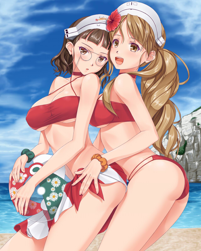 2girls :d :o ass ball bangs beachball bikini blue_sky blunt_bangs blush breasts brown_hair choker clouds collarbone colored_eyelashes criss-cross_halter day drill_hair floral_print flower hair_flower hair_ornament halter_top halterneck hand_on_another's_hip hat hibiscus hobenkei holding_ball horizon italia_(kantai_collection) kantai_collection large_breasts light_brown_hair littorio_(kantai_collection) long_hair looking_at_viewer monocle multiple_girls open_mouth outdoors ponytail red_bikini roma_(kantai_collection) round_teeth sarong scrunchie short_hair sky smile standing summer swimsuit teeth thighs transparent under_boob white_hat wrist_scrunchie