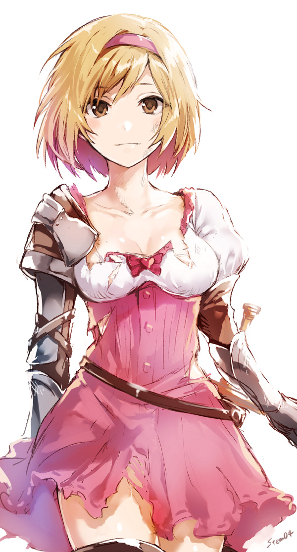1girl arisaka_ako arm_guards belt black_legwear blonde_hair bow breasts brown_eyes buttons cleavage closed_mouth collarbone cowboy_shot djeeta_(granblue_fantasy) dress fighter_(granblue_fantasy) granblue_fantasy heart looking_at_viewer medium_breasts pink_dress puffy_short_sleeves puffy_sleeves red_bow scratches sheath sheathed short_hair short_sleeves shoulder_pads simple_background smile solo sword thigh-highs thighs torn_clothes torn_dress walking weapon white_background