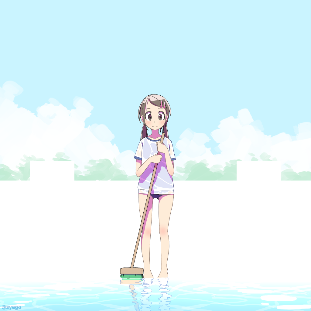 1girl bangs bottomless broom brown_eyes brown_hair cleaning_brush clouds empty_pool full_body gym_uniform hair_ornament hairclip looking_at_viewer low_twintails original pool school_swimsuit shallow_water sky solo standing swept_bangs swimsuit swimsuit_under_clothes syego twintails twitter_username wading water wet