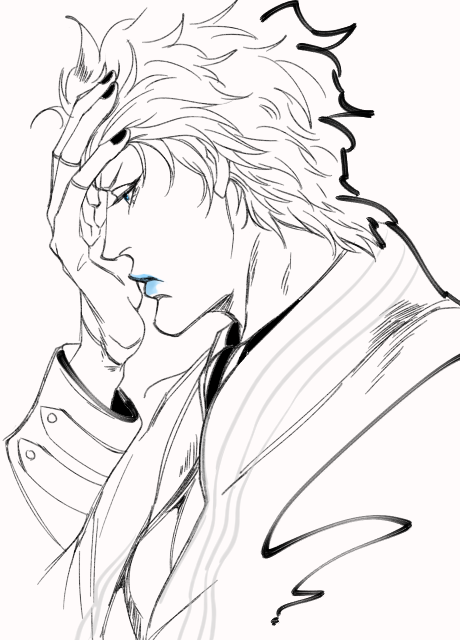 1boy black_nails blue_lips devil_may_cry devil_may_cry_3 eyelashes fingerless_gloves from_side gloves hand_on_own_head lineart lipstick male_focus mineco000 monochrome nail_polish profile simple_background solo spot_color upper_body vergil white_background
