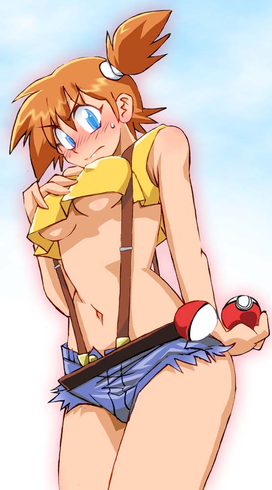 1girl belt breasts dengeki!_pikachu erect_nipples green_eyes gym_leader kasumi_(pokemon) navel onnaski orange_hair pokemon shiny shiny_hair short_hair side_ponytail solo