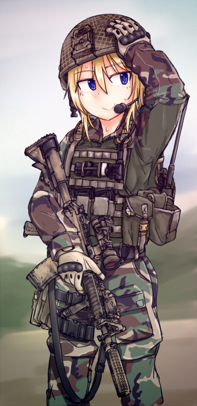 1girl arm_up assault_rifle bangs battle_rifle blonde_hair blue_eyes camouflage closed_mouth dutchko gloves gun hair_between_eyes hand_on_own_head hat helmet holding holding_gun holding_weapon load_bearing_vest long_sleeves looking_away looking_to_the_side m4_carbine magazine_pouch military military_uniform original outdoors pouch rifle scope short_hair smile solo standing suppressor sweat uniform weapon