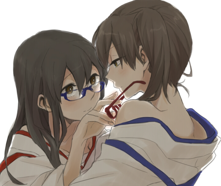 2girls akagi_(kantai_collection) bangs black_hair blue-framed_eyewear blush brown_eyes brown_hair closed_mouth eye_contact hair_between_eyes kaga_(kantai_collection) kantai_collection long_hair looking_at_another multiple_girls red-framed_eyewear ree_(re-19) removing_eyewear short_hair short_twintails simple_background smile twintails white_background