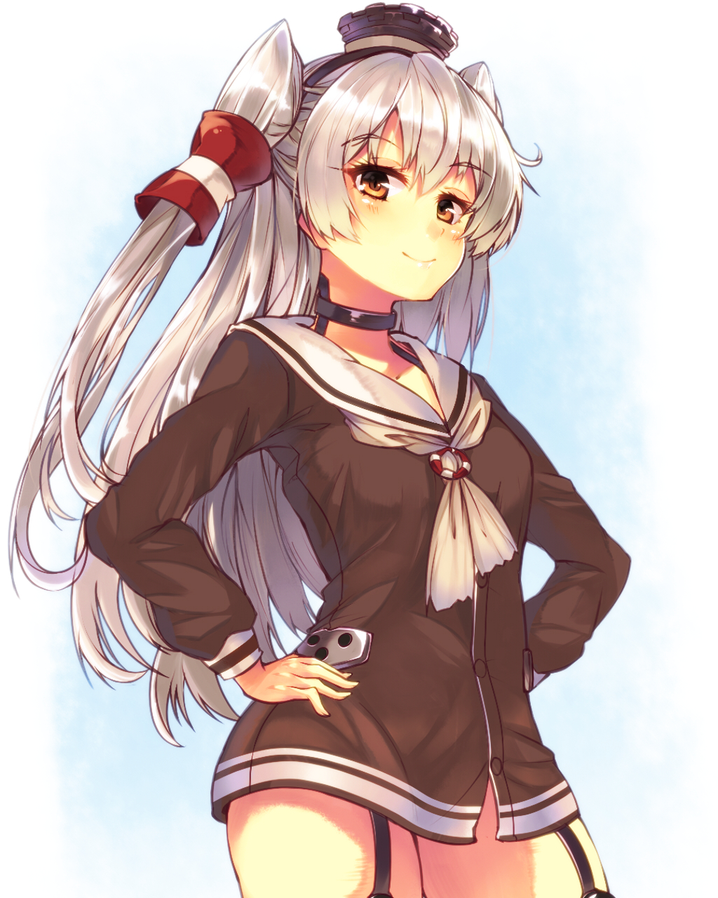 1girl amatsukaze_(kantai_collection) black_legwear blue_background blush cowboy_shot dress eyebrows eyebrows_visible_through_hair garter_straps hair_tubes hands_on_hips highres kantai_collection lifebuoy long_hair long_sleeves looking_at_viewer mizuyoukan_(mikususannda) orange_eyes sailor_collar sailor_dress short_dress silver_hair simple_background smug solo thigh-highs two-tone_background two_side_up white_background