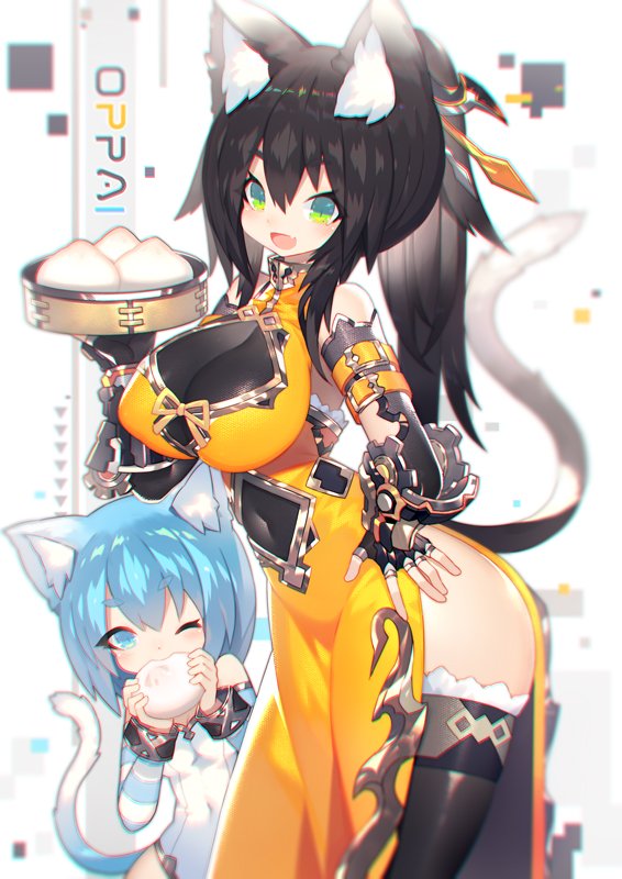 2girls animal_ears arm_belt bamboo_steamer bangs baozi bare_shoulders belt_buckle black_hair black_legwear black_leotard blue_eyes blue_hair breasts buckle cat_ears cat_tail china_dress chinese_clothes cleavage cleavage_cutout commentary covered_navel dress eating elbow_gloves eyebrows_visible_through_hair fang fingerless_gloves food frilled_legwear gauntlets gears gloves green_eyes hair_between_eyes hair_ornament hand_on_hip holding holding_food holding_tray large_breasts leotard looking_at_viewer mamuru multiple_girls navel_cutout one_eye_closed open_mouth original ponytail ribbon short_eyebrows side_slit sidelocks sleeveless sleeveless_dress slit_pupils small_breasts smile tail thigh-highs tied_hair tray yellow_dress yellow_ribbon