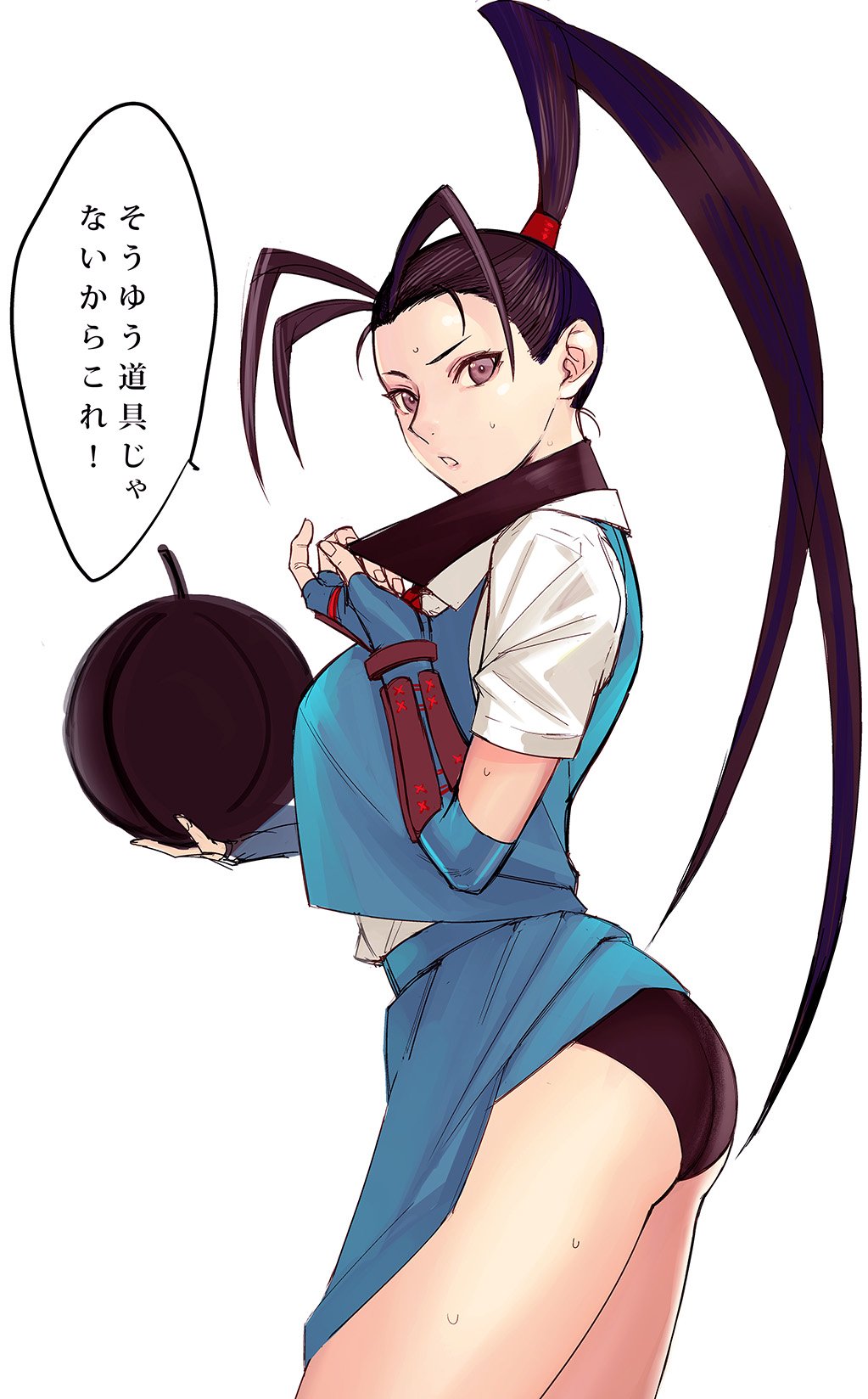 1girl antenna_hair arm_guards ass black_panties bomb capcom fingerless_gloves gloves high_ponytail highres ibuki_(street_fighter) japanese jpeg_artifacts looking_at_viewer mask_pull panties ponytail school_uniform skirt skirt_up solo speech_bubble street_fighter street_fighter_v sweat tetsu_(kimuchi) translation_request underwear