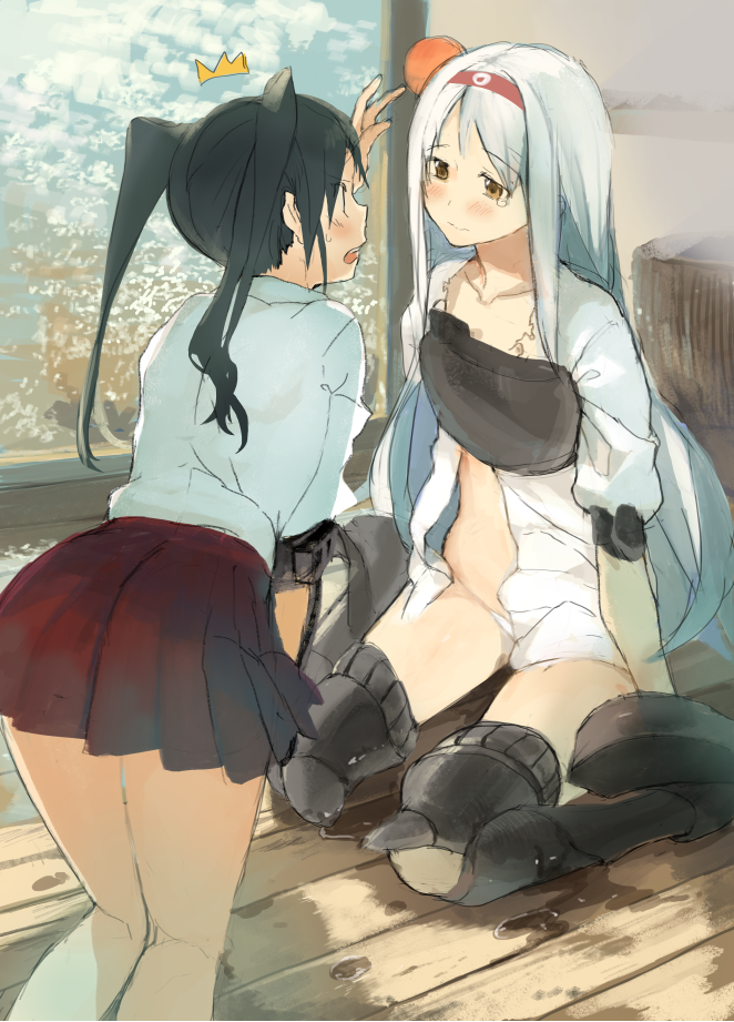 /\/\/\ 2girls akinashi_yuu arm_up bangs black_hair blush closed_mouth collarbone eye_contact eyebrows eyebrows_visible_through_hair hairband head_bump indoors kantai_collection long_hair looking_at_another multiple_girls muneate open_clothes open_mouth panties pleated_skirt profile red_skirt shoukaku_(kantai_collection) sitting skirt sweatdrop tears torn_clothes twintails underwear wariza water white_hair white_panties wooden_floor zuikaku_(kantai_collection)