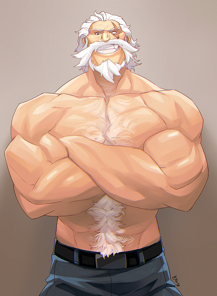 1boy abs bare_shoulders beard belt biceps body_hair buckle chest_hair collarbone crossed_arms eye_scar facial_hair fang gradient gradient_background grin looking_at_viewer male_focus manly muscle old_man overwatch pants reinhardt_(overwatch) scar scar_across_eye shirtless short_hair smile solo teeth white_hair