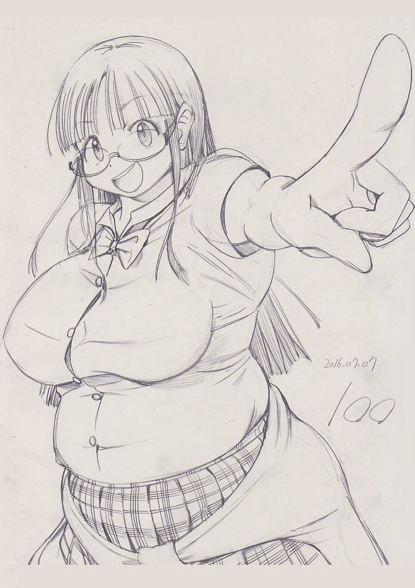 1girl :d big_belly bow bowtie breasts buttons clothes_around_waist collared_shirt fat female foreshortening glasses kobayakawa_horan large_breasts long_hair looking_at_viewer monochrome muffin_top nekokami open_mouth original pointing pointing_at_viewer round_teeth shirt short_sleeves skirt smile solo sweater_around_waist teeth very_long_hair