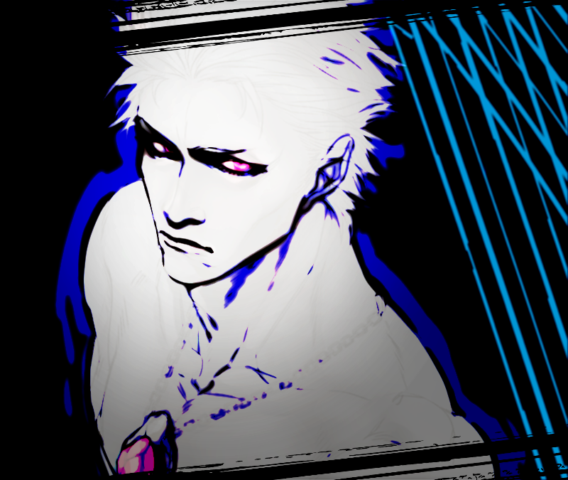 1boy black_background closed_mouth collarbone devil_may_cry devil_may_cry_3 flat_color jewelry lineart looking_at_viewer male_focus mineco000 necklace partially_colored red_eyes serious shirtless simple_background solo upper_body vergil white_hair