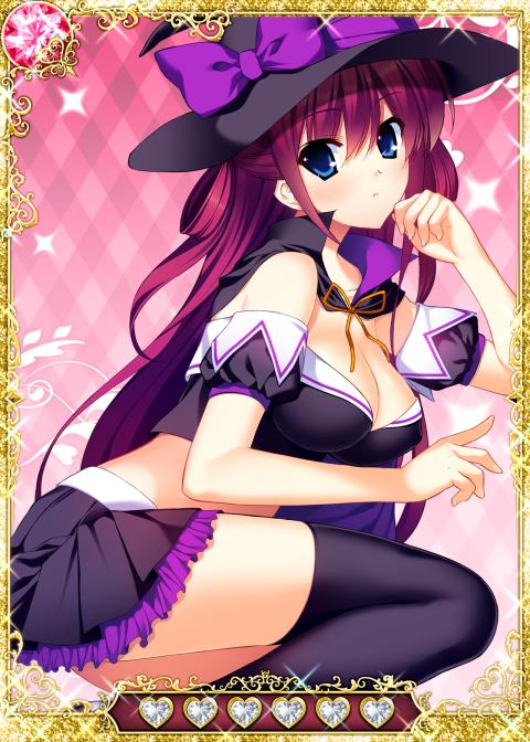 1girl black_legwear black_skirt blue_eyes breasts card_(medium) cleavage grisaia_(series) grisaia_no_kajitsu hat large_breasts long_hair looking_at_viewer pleated_skirt purple_hair skirt solo strapless suou_amane thigh-highs witch_hat