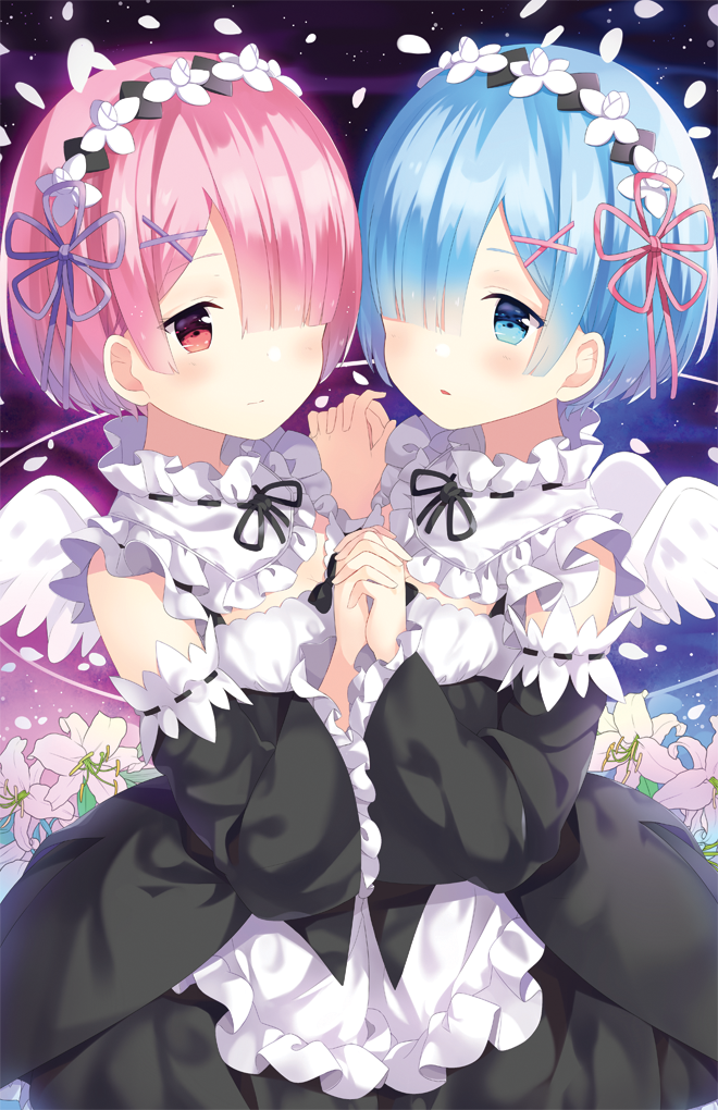 2girls bangs blue_eyes blue_hair detached_sleeves from_side hair_ornament hair_over_one_eye hand_holding hitsukuya maid multiple_girls pink_hair ram_(re:zero) re:zero_kara_hajimeru_isekai_seikatsu rem_(re:zero) short_hair siblings sisters twins wings x_hair_ornament