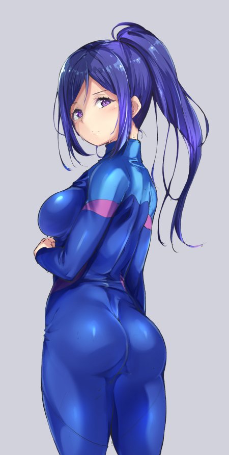 1girl alp ass bodysuit breasts grey_background looking_at_viewer looking_back love_live! love_live!_sunshine!! matsuura_kanan purple_hair simple_background skin_tight solo thighs violet_eyes wetsuit