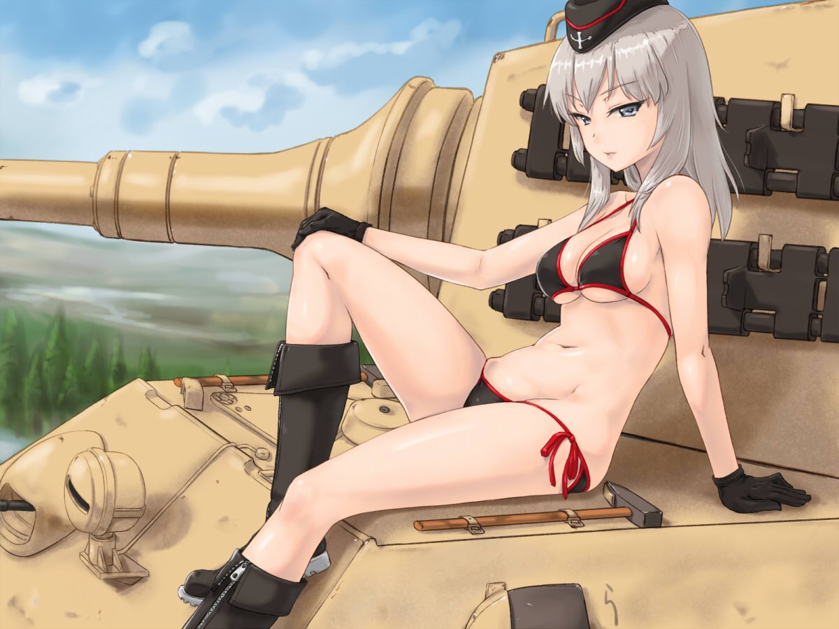 1girl bikini black_bikini black_boots black_gloves blue_eyes blue_sky boots breasts cleavage clouds girls_und_panzer gloves groin ground_vehicle hand_rest hat itsumi_erika knee_boots knee_up looking_at_viewer military military_hat military_vehicle motor_vehicle navel rasukaru sideboob silver_hair sitting sky solo swimsuit tank tiger_ii