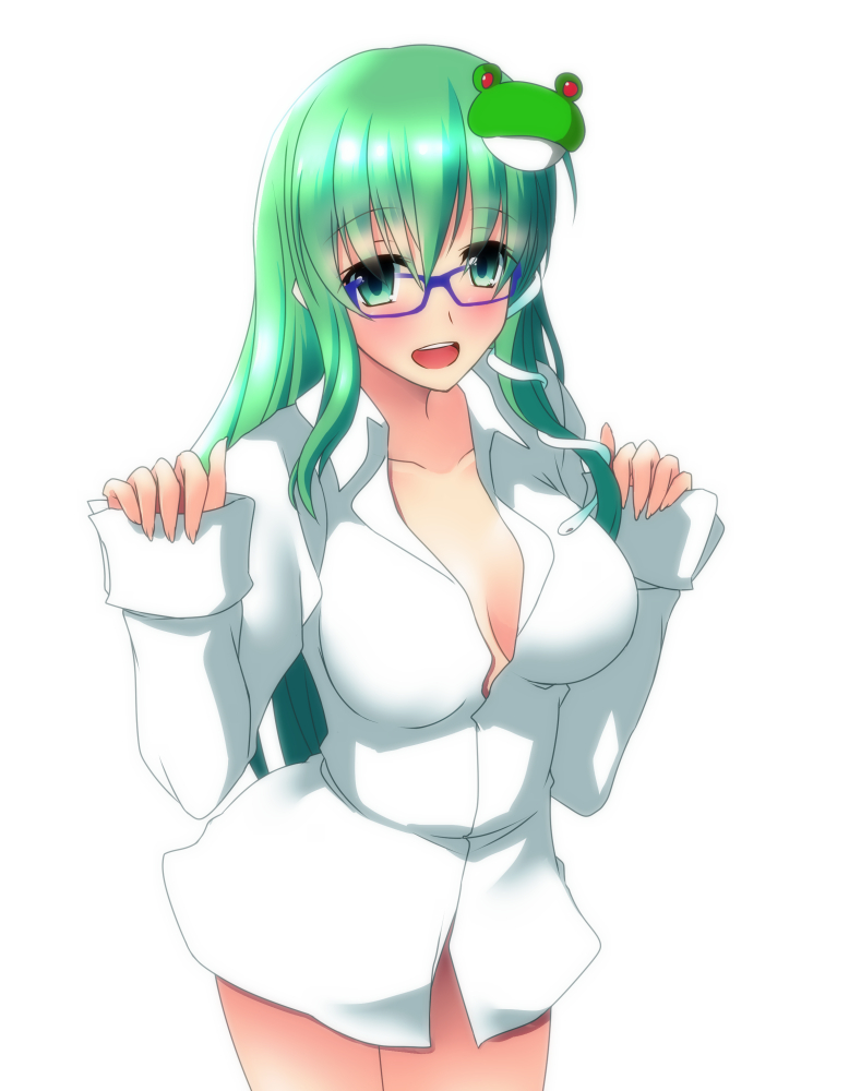 1girl bespectacled blue-framed_eyewear blush frog_hair_ornament glasses green_eyes green_hair hair_ornament kochiya_sanae long_hair naked_shirt open_mouth shiny shiny_hair shirt snake_hair_ornament solo touhou white_background yumi_(careca398)