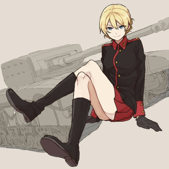 1girl alternate_color alternate_costume bangs blonde_hair blue_eyes boots cannon churchill_(tank) commentary_request darjeeling epaulettes girls_und_panzer gloves ground_vehicle hair_up jacket legs_crossed military military_uniform military_vehicle motor_vehicle player_2 pleated_skirt ree_(re-19) school_emblem sitting skirt smile solo tank tank_turret uniform vehicle