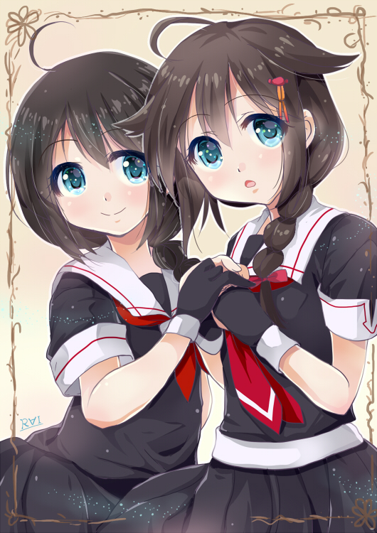 2girls ahoge black_hair black_serafuku blue_eyes braid commentary_request dual_persona fingerless_gloves gloves hair_flaps hair_ornament hair_over_shoulder hand_holding kantai_collection light_smile long_hair looking_at_viewer miyamori_raira multiple_girls neckerchief open_mouth remodel_(kantai_collection) school_uniform serafuku shigure_(kantai_collection) single_braid solo