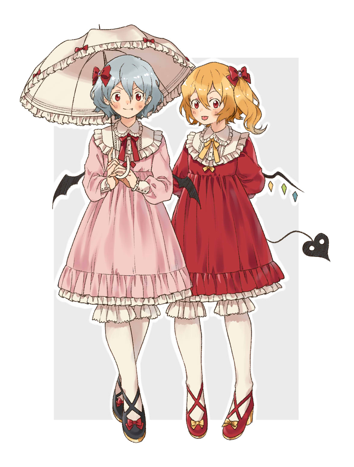 2girls adapted_costume alternate_costume bat_wings blonde_hair bloomers blue_hair blush bow crystal dress fang flandre_scarlet full_body hair_bow highres laevatein long_sleeves looking_at_viewer multiple_girls o0baijin0o parasol pink_dress red_dress red_eyes remilia_scarlet siblings side_ponytail sisters smile tongue tongue_out touhou umbrella underwear white_legwear wings