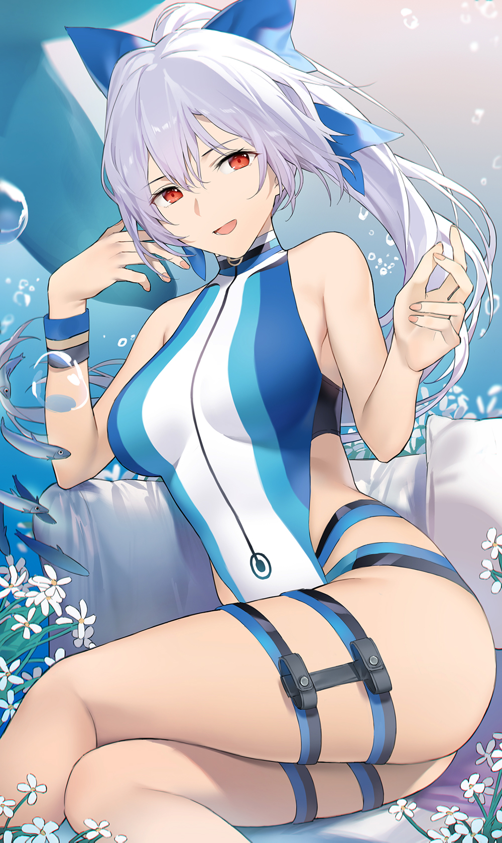 1girl absurdres blue_bow blue_jacket blue_swimsuit bow breasts cropped_jacket dadao_nee fate/grand_order fate_(series) hair_bow highleg highleg_swimsuit highres jacket long_hair medium_breasts multicolored multicolored_clothes multicolored_swimsuit one-piece_swimsuit ponytail red_eyes short_sleeves shrug_(clothing) silver_hair solo standing striped_wristband swimsuit tomoe_gozen_(fate/grand_order) tomoe_gozen_(swimsuit_saber)_(fate) two-tone_swimsuit very_long_hair wading white_swimsuit