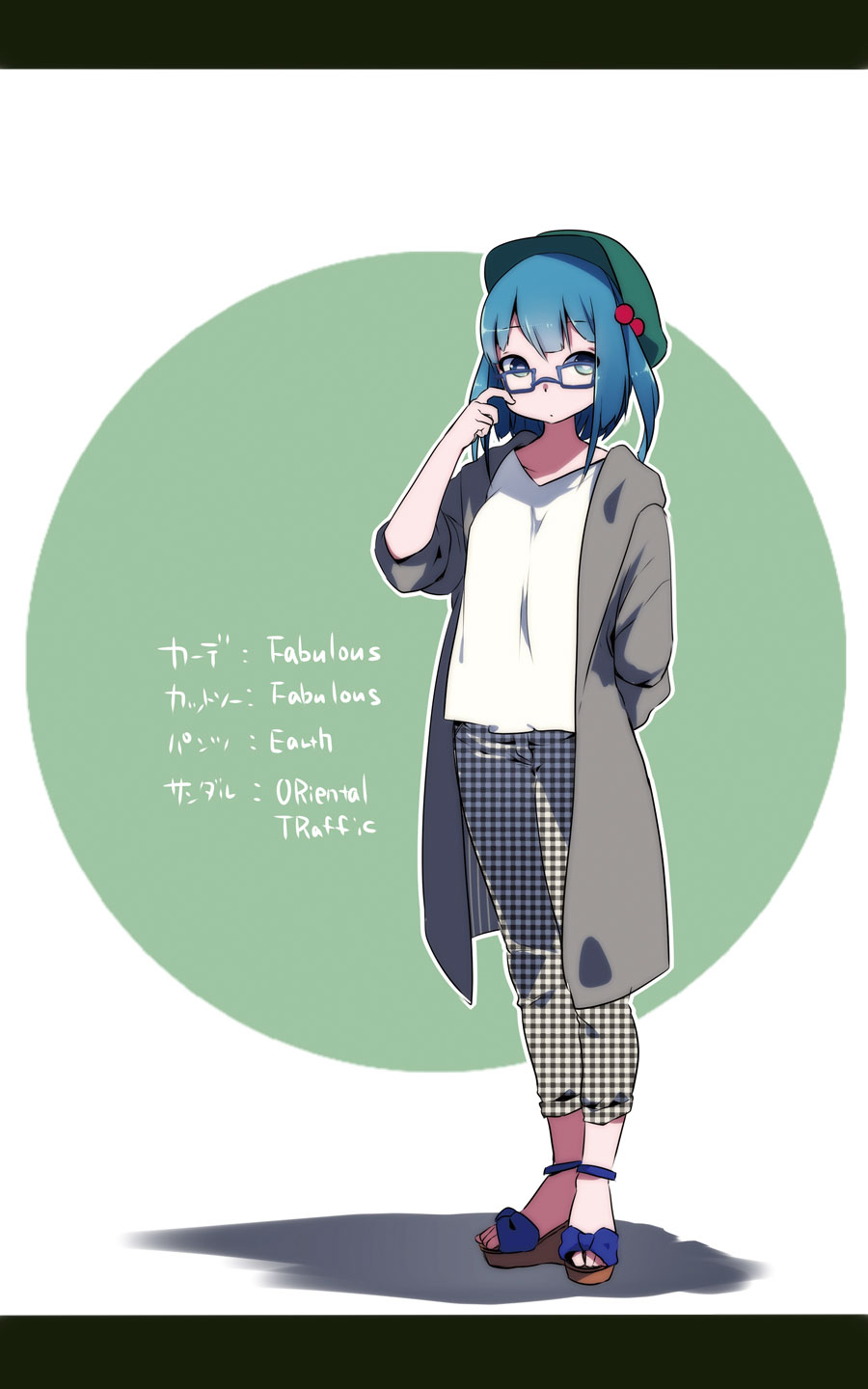 1girl 2016 adjusting_glasses anklet artist_name bespectacled blue-framed_eyewear blue_eyes blue_hair capri_pants coat contemporary dated english flat_cap glasses green_hat grey_coat hair_bobbles hair_ornament hand_up hat highres jewelry kawashiro_nitori letterboxed long_sleeves looking_at_viewer namauni no_legwear open_clothes open_coat pants plaid plaid_pants sandals shirt short_hair simple_background solo standing text touhou translation_request two-tone_background unmoving_pattern white_shirt