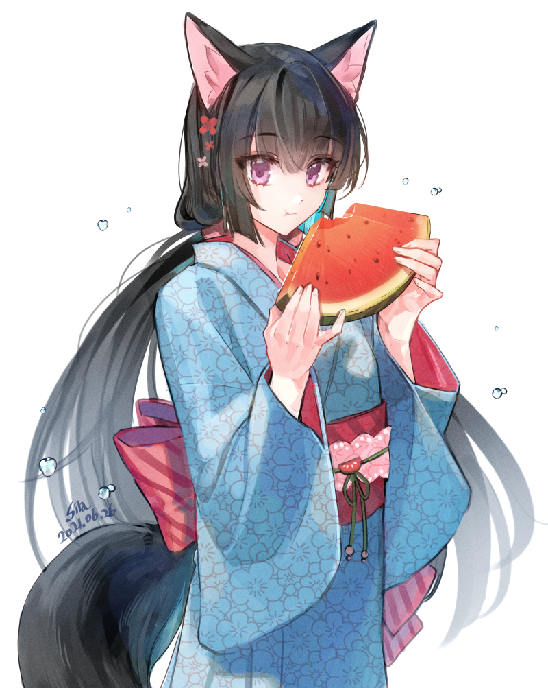 1girl :t animal_ears artist_name bangs black_hair blue_kimono blush closed_mouth cowboy_shot dated eating eyebrows_visible_through_hair floral_print food holding holding_food japanese_clothes kimono long_hair long_sleeves looking_at_viewer low_twintails obi original print_kimono sash sila_(carpen) simple_background solo tail twintails very_long_hair water_drop watermelon_slice white_background wide_sleeves