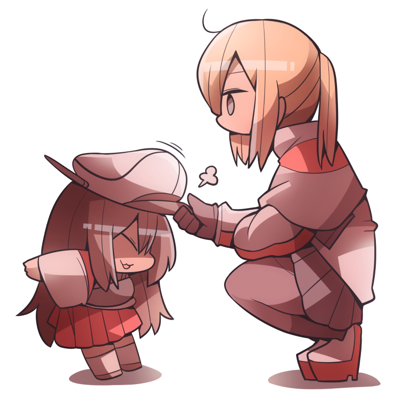 2girls akagi_(kantai_collection) bangs blonde_hair brown_hair capelet chibi closed_eyes commentary_request gloves graf_zeppelin_(kantai_collection) green_eyes hakama hat holding holding_hat jacket japanese_clothes kakuzatou_(koruneriusu) kantai_collection long_hair multiple_girls muneate open_mouth outstretched_arms pleated_skirt putting_on_hat sidelocks sketch skirt smile spread_arms squatting thigh-highs twintails younger