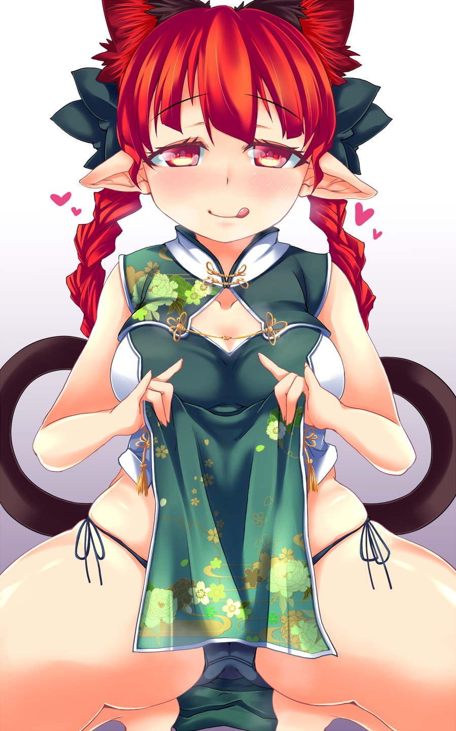 1girl :q animal_ears ass black_panties blush cat_ears cat_tail chinese_clothes extra_ears heart highres kaenbyou_rin konata_gazel panties pelvic_curtain plump pointy_ears red_eyes redhead side-tie_panties solo spread_legs squatting string_panties tabard tail tongue tongue_out touhou underwear