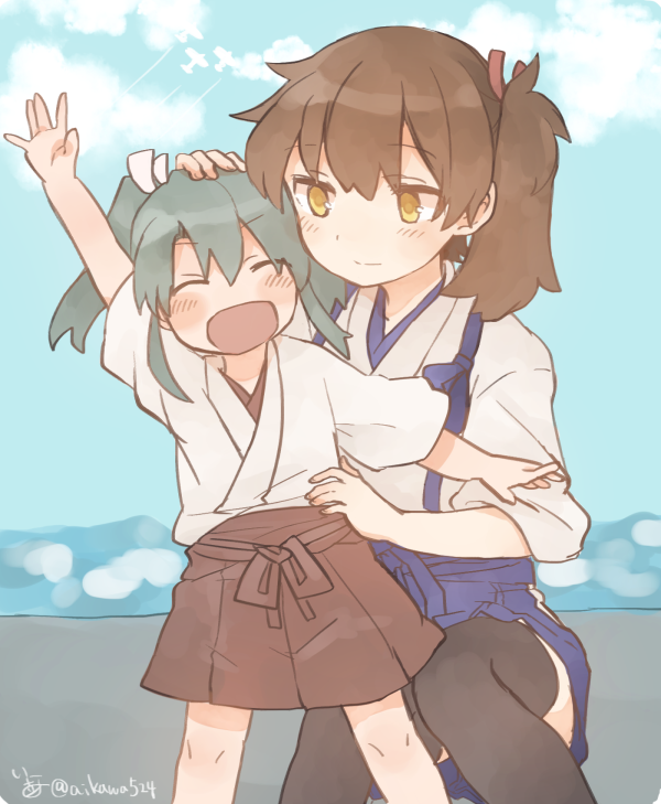 2girls blush brown_eyes brown_hair closed_eyes commentary_request green_hair hand_on_another's_head hand_on_another's_hip ina_(1813576) japanese_clothes kaga_(kantai_collection) kantai_collection multiple_girls open_mouth outdoors outstretched_arm side_ponytail smile squatting thigh-highs twintails twitter_username younger zuikaku_(kantai_collection)