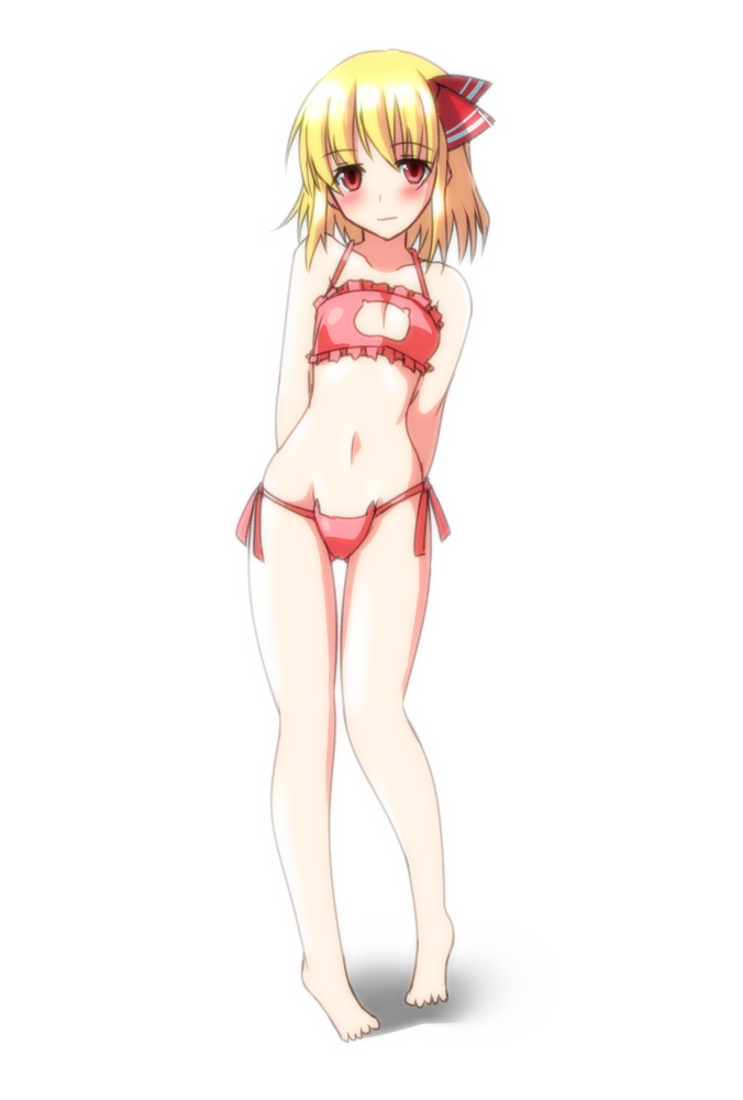 1girl arms_behind_back bad_anatomy bad_feet barefoot blonde_hair blush breasts cat_lingerie full_body hair_ribbon hips legs lovestruck navel petite poorly_drawn red_eyes ribbon rumia small_breasts smile solo stomach touhou white_background yumi_(careca398)