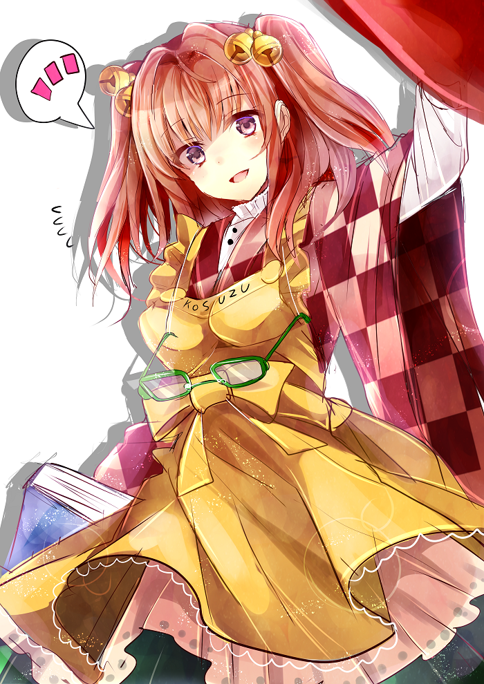 1girl apron bell book character_name checkered clothes_writing glasses glasses_removed hair_bell hair_ornament japanese_clothes motoori_kosuzu open_mouth red_eyes redhead sameya smile speech_bubble touhou twintails two_side_up wide_sleeves