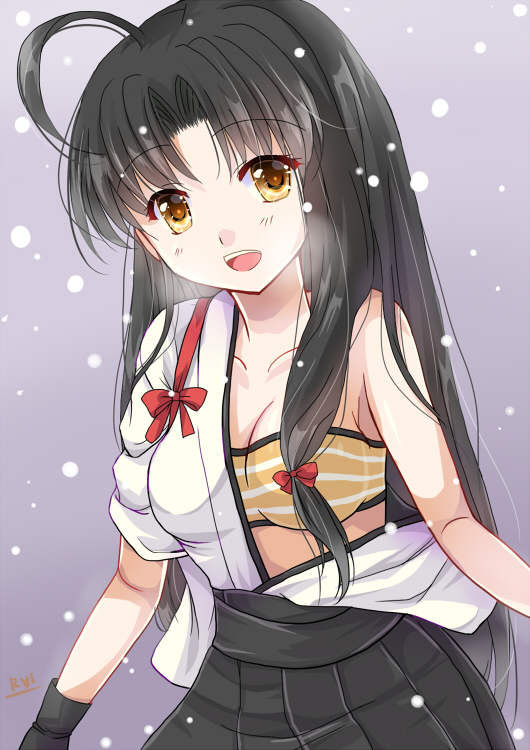 1girl ahoge bandeau black_gloves black_hair breasts cleavage collarbone commentary_request gloves grey_background japanese_clothes kantai_collection long_hair looking_at_viewer medium_breasts miyamori_raira open_mouth pleated_skirt shouhou_(kantai_collection) simple_background skirt solo thigh-highs upper_body yellow_eyes