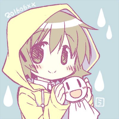 1girl 2016 aoki_ume bangs blue_background brown_eyes brown_hair commentary_request dated hair_ornament hidamari_sketch holding_doll hood_up lowres open_mouth raincoat shiny shiny_hair short_hair sketch sleeves_past_wrists smile teruterubouzu translation_request water_drop yuno