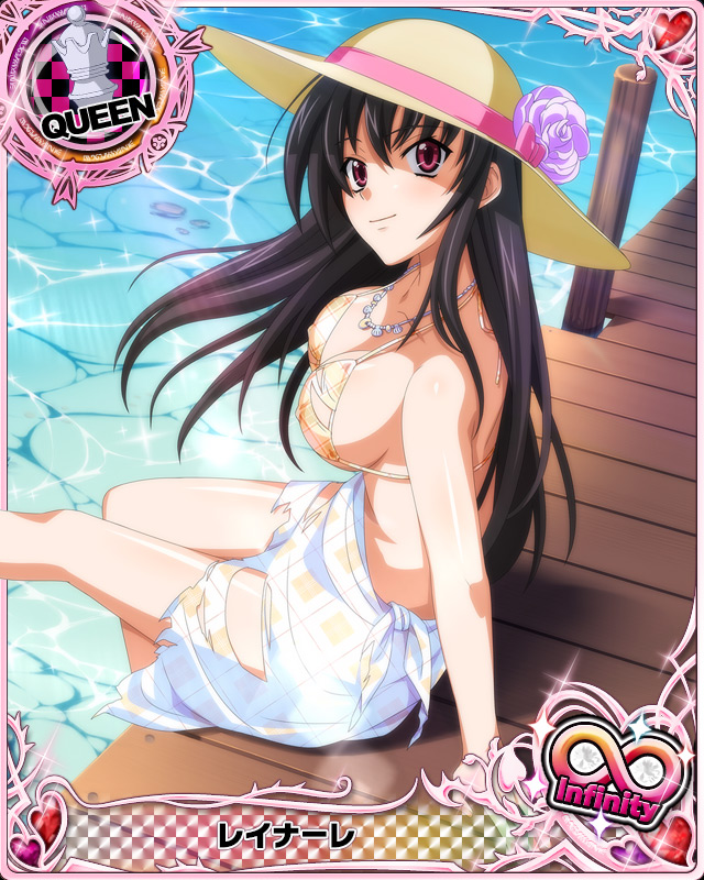 1girl artist_request black_hair breasts card_(medium) character_name chess_piece erect_nipples hat high_school_dxd high_school_dxd_infinity jewelry large_breasts long_hair necklace official_art pier queen_(chess) raynare solo sun_hat swimsuit torn_clothes torn_swimsuit trading_card violet_eyes