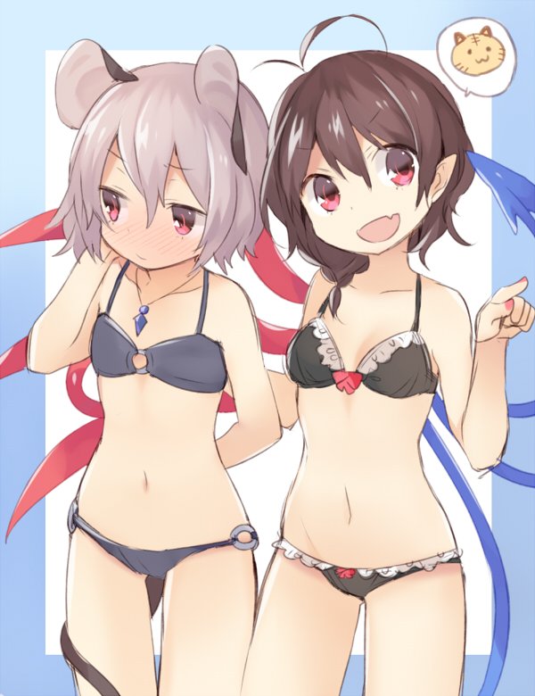 2girls :d ahoge akagashi_hagane animal_ears asymmetrical_wings bare_shoulders bikini black_bikini black_hair blush bow breasts collarbone cowboy_shot fang frilled_bikini frills full-face_blush grey_hair hand_on_own_cheek houjuu_nue jewelry looking_away midriff mouse mouse_ears mouse_tail multiple_girls nail_polish navel nazrin open_mouth pendant pointing pointy_ears red_eyes short_hair short_ponytail shy side_ponytail small_breasts smile speech_bubble swimsuit tail tiger touhou wings
