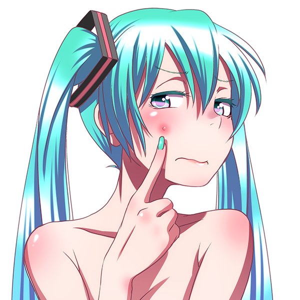 1girl aqua_nails blue_eyes blue_hair body_blush breasts cleavage closed_mouth collarbone colored_eyelashes fingernails frown hair_ornament hatsune_miku long_fingernails long_hair looking_at_viewer medium_breasts nail_polish pimple pink_lips pointing simple_background solo topless twintails upper_body very_long_hair vocaloid white_background wokada