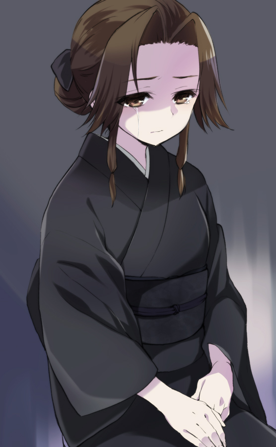 1girl alternate_hairstyle closed_mouth crying crying_with_eyes_open frown grey_background hair_bun hand_on_lap japanese_clothes jintsuu_(kantai_collection) kantai_collection kimono long_sleeves looking_down obi plum_(arch) sad sash shaded_face short_hair simple_background sitting solo tears