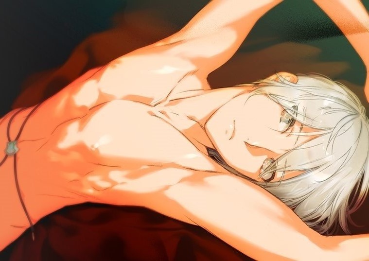 1boy akiyoshi_haru arms_up bed_sheet eyebrows eyebrows_visible_through_hair grey_eyes looking_at_viewer ludger_will_kresnik lying male_focus nipples on_back shirtless solo tales_of_(series) tales_of_xillia topless upper_body upside-down white_hair