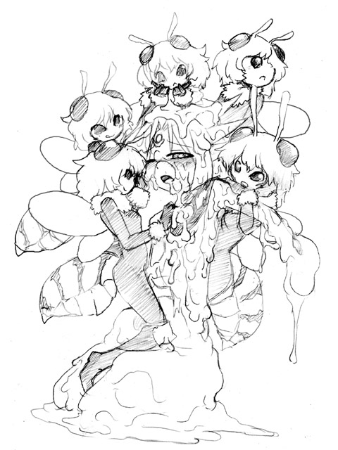 antennae bee_girl camel_(dansen) honey insect_girl messy milia milia_wars monochrome monster_girl no_pupils one_eye_closed open_mouth