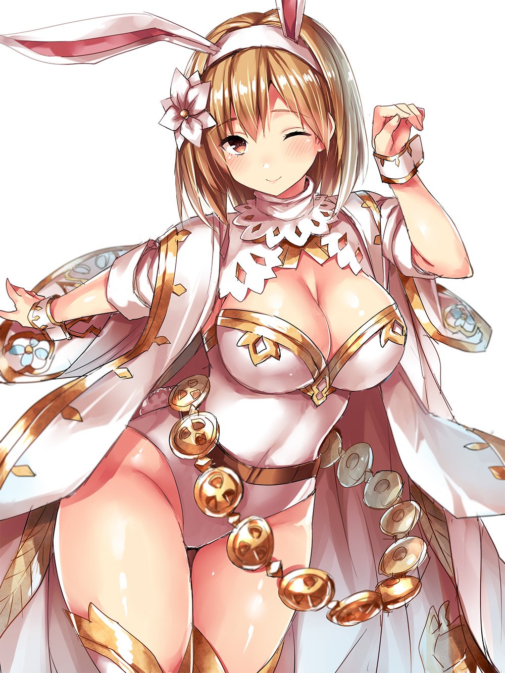 1girl ;) alternate_costume animal_ears blonde_hair blush breasts bunny_tail collarbone cowboy_shot djeeta_(granblue_fantasy) flower granblue_fantasy hair_between_eyes hair_flower hair_ornament hairband highleg highleg_leotard highres impossible_clothes large_breasts leotard light_smile lips looking_at_viewer one_eye_closed outstretched_arm paw_pose rabbit_ears sage_(granblue_fantasy) shiny shiny_skin short_hair short_sleeves simple_background smile tail thigh-highs thighs tsukumiya_amane white_background white_clothes white_legwear