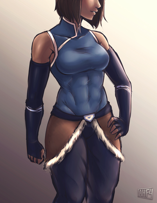 1girl abs avatar:_the_last_airbender avatar_(series) bare_shoulders black_gloves bob_cut breasts brown_hair dark_skin elbow_gloves female fingerless_gloves gloves hand_on_hip head_out_of_frame iahfy korra loincloth medium_breasts muscle short_hair solo the_legend_of_korra toned